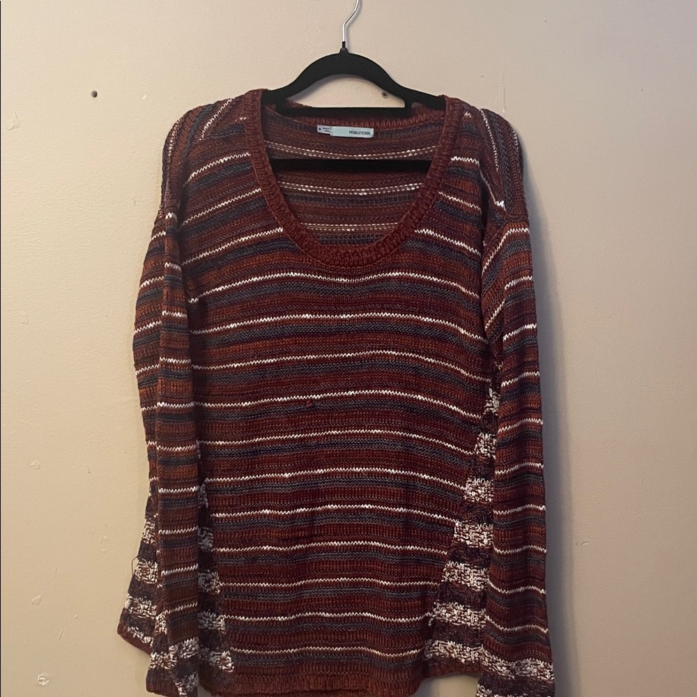 Striped Open-Knit Scoop Neck Sweater - Rust Multicolor
